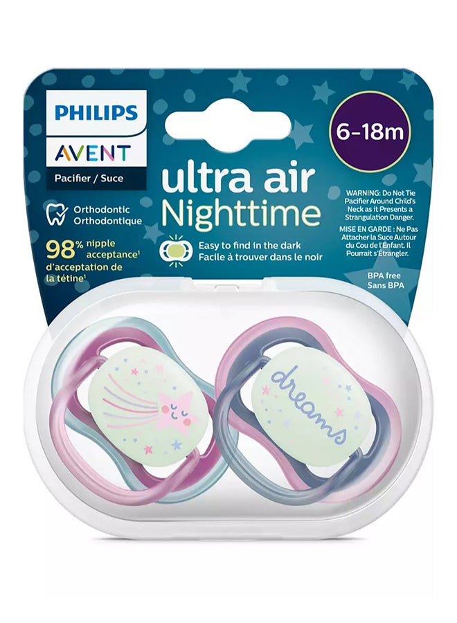 Philips Avent Pack Of 2 Ultra Air Soother Light And Breathable Glow In The Dark Baby Soothers With Steriliser Carry Case, 6 To 18 Months - Image 2