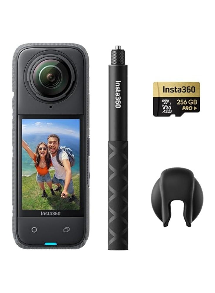 Insta360 - X4 Explorer Bundle - 8K Waterproof 360 Action Camera, 4K Wide-Angle Video, 256GB Mcard, 114cm Invisible Selfie Stick, Removable Lens Guards, 135 Min Battery Life, AI Editing, with Pouch - Black - Image 1