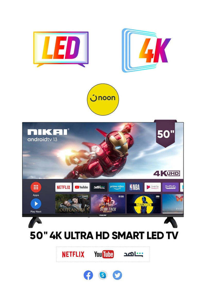 NIKAI 50 Inch 4K UHD Smart LED TV, Ultra Slim Frame, Android OS, Built-in Wi-Fi, Quad Core Processor, 1.5GB RAM, 8GB Storage, 60Hz Refresh Rate, 16W Speakers 50NK4KSLED Black  - Image 1