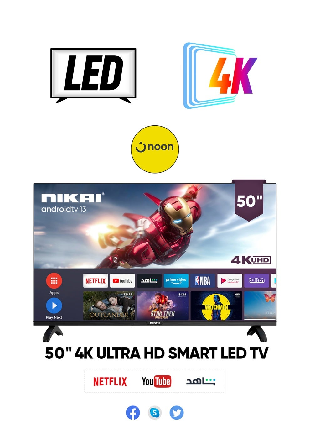 NIKAI 50 Inch 4K UHD Smart LED TV, Ultra Slim Frame, Android OS