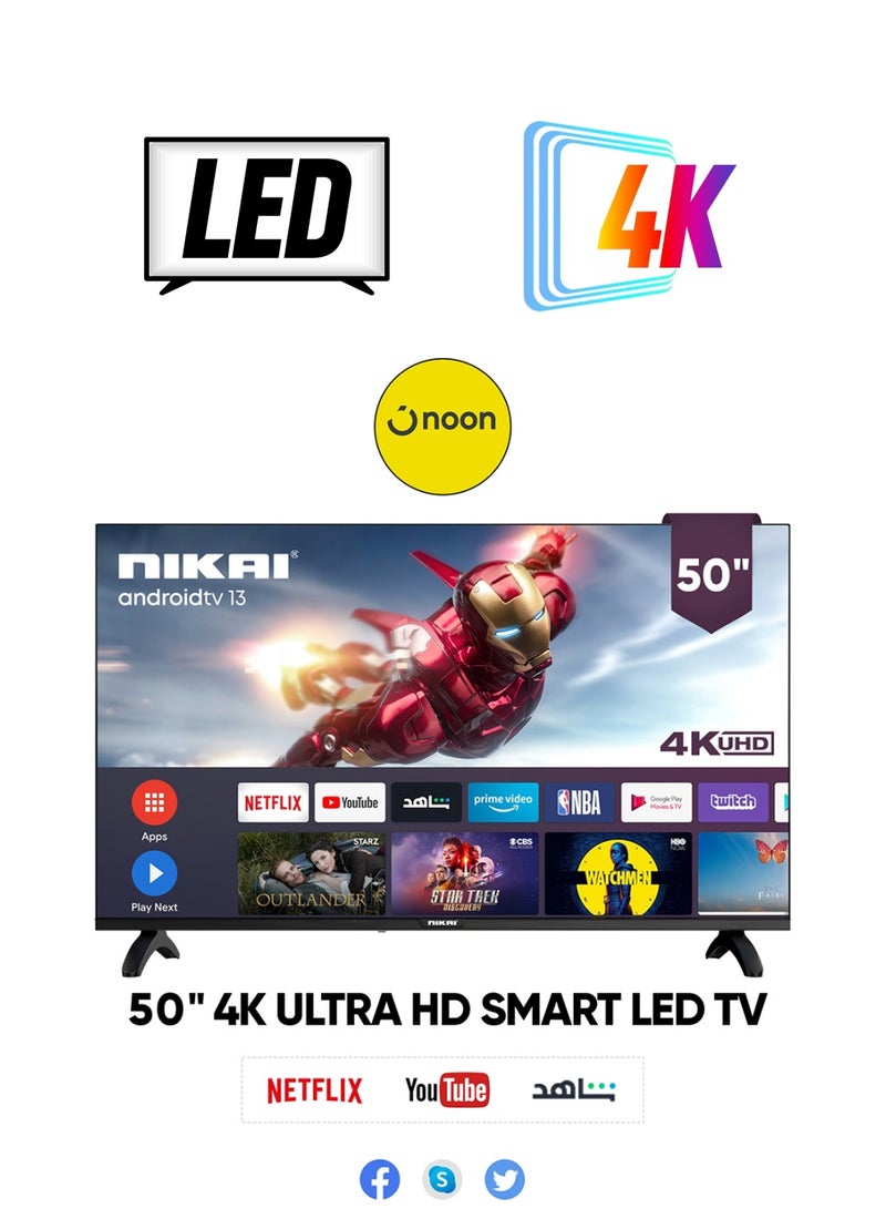 NIKAI 50 Inch 4K UHD Smart LED TV, Ultra Slim Frame, Android OS, Built-in Wi-Fi, Quad Core Processor, 1.5GB RAM, 8GB Storage, 60Hz Refresh Rate, 16W Speakers 50NK4KSLED Black  - Image 1