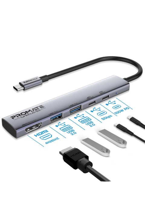 UCB-C 5-in-1 Multiport Hub features 2 USB-A ports with 5Gbps speed, 1 USB-C port with 100W Power Delivery, 480Mbps USB-C port, 4K@60Hz HDMI port Black