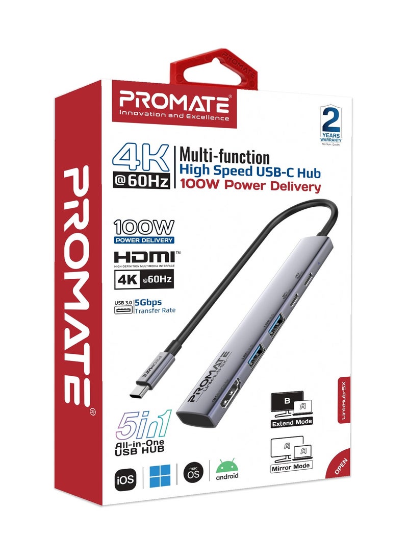UCB-C 5-in-1 Multiport Hub features 2 USB-A ports with 5Gbps speed, 1 USB-C port with 100W Power Delivery, 480Mbps USB-C port, 4K@60Hz HDMI port Black