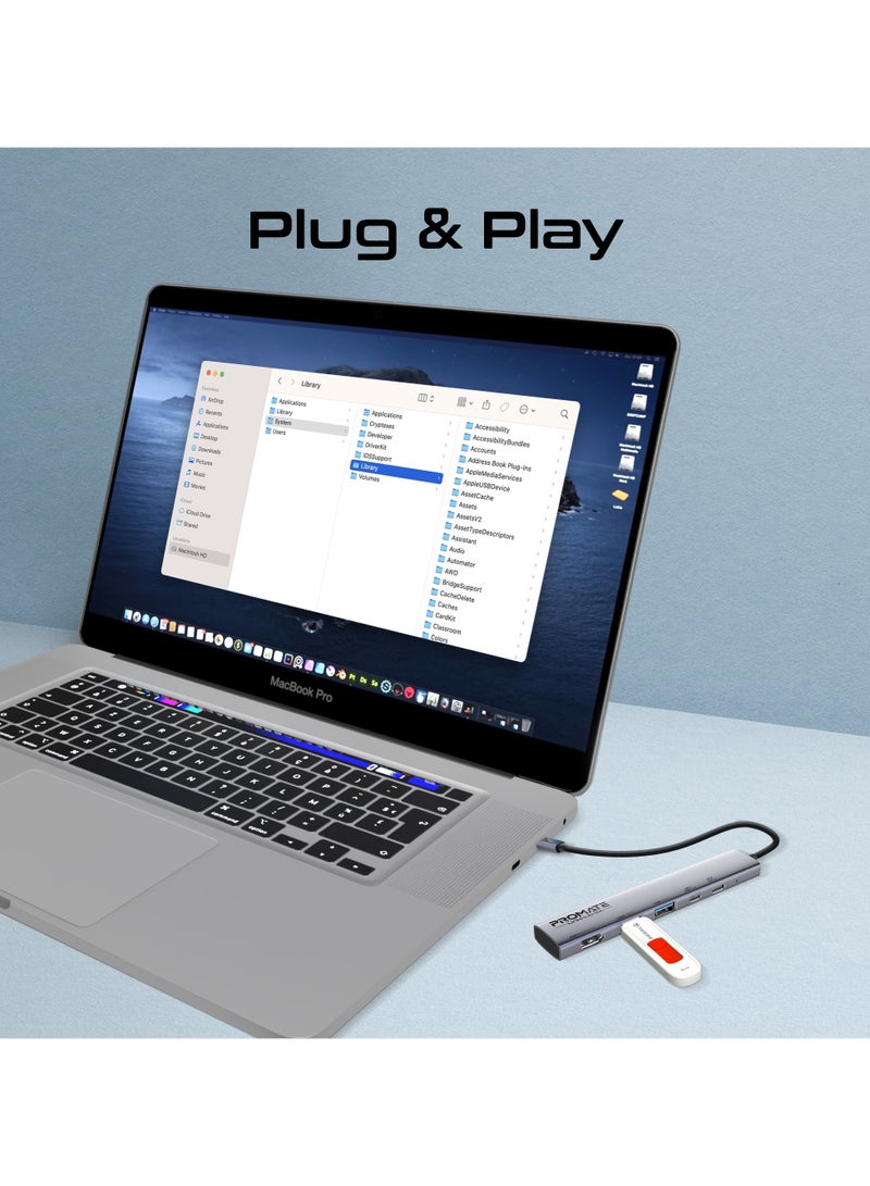 UCB-C 5-in-1 Multiport Hub features 2 USB-A ports with 5Gbps speed, 1 USB-C port with 100W Power Delivery, 480Mbps USB-C port, 4K@60Hz HDMI port Black