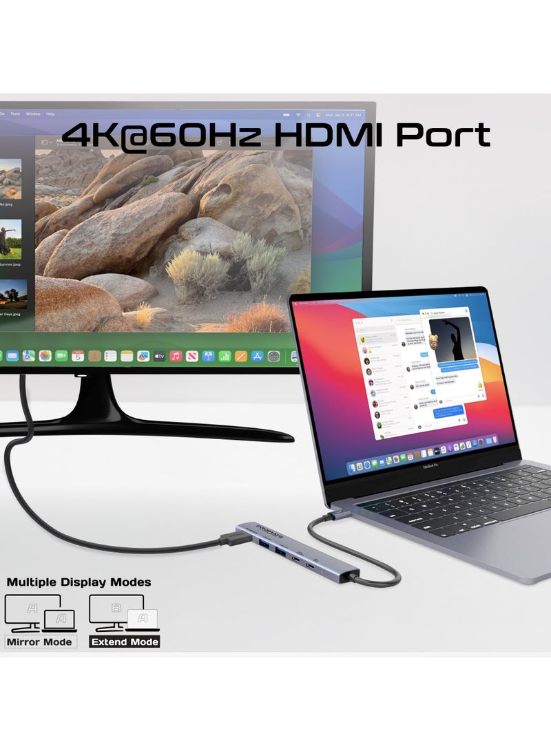 UCB-C 5-in-1 Multiport Hub features 2 USB-A ports with 5Gbps speed, 1 USB-C port with 100W Power Delivery, 480Mbps USB-C port, 4K@60Hz HDMI port Black