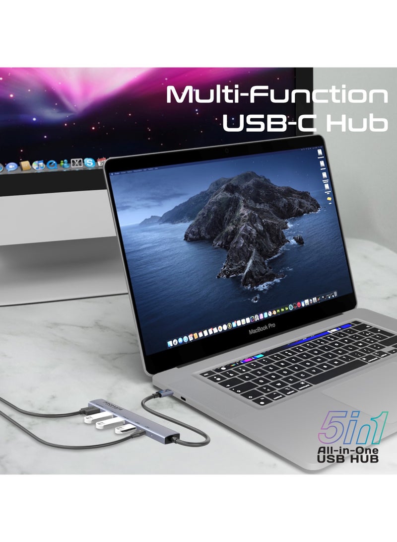 UCB-C 5-in-1 Multiport Hub features 2 USB-A ports with 5Gbps speed, 1 USB-C port with 100W Power Delivery, 480Mbps USB-C port, 4K@60Hz HDMI port Black