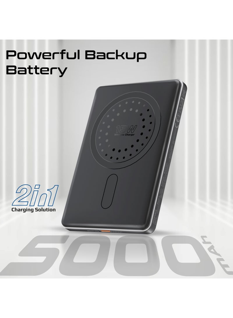 PROMATE - 5000 mAh Super Slim Power Bank With 15W MagSafe Charging, 20W USB-C Port, And Safety Protection System, USB-C Input/Output Port Black - Image 1
