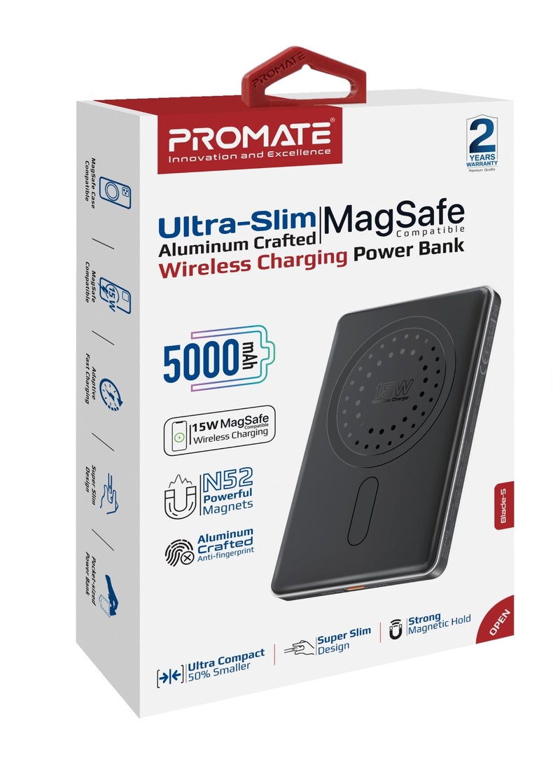 PROMATE - 5000 mAh Super Slim Power Bank With 15W MagSafe Charging, 20W USB-C Port, And Safety Protection System, USB-C Input/Output Port Black - Image 1