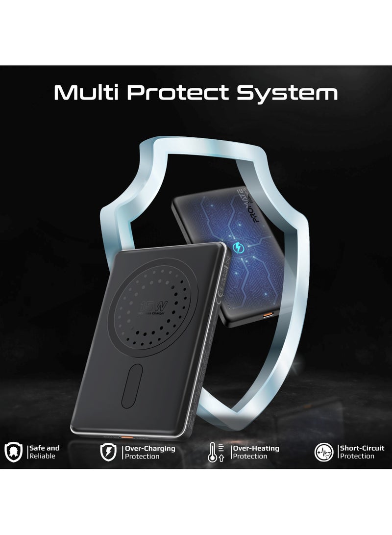 PROMATE - 5000 mAh Super Slim Power Bank With 15W MagSafe Charging, 20W USB-C Port, And Safety Protection System, USB-C Input/Output Port Black - Image 1