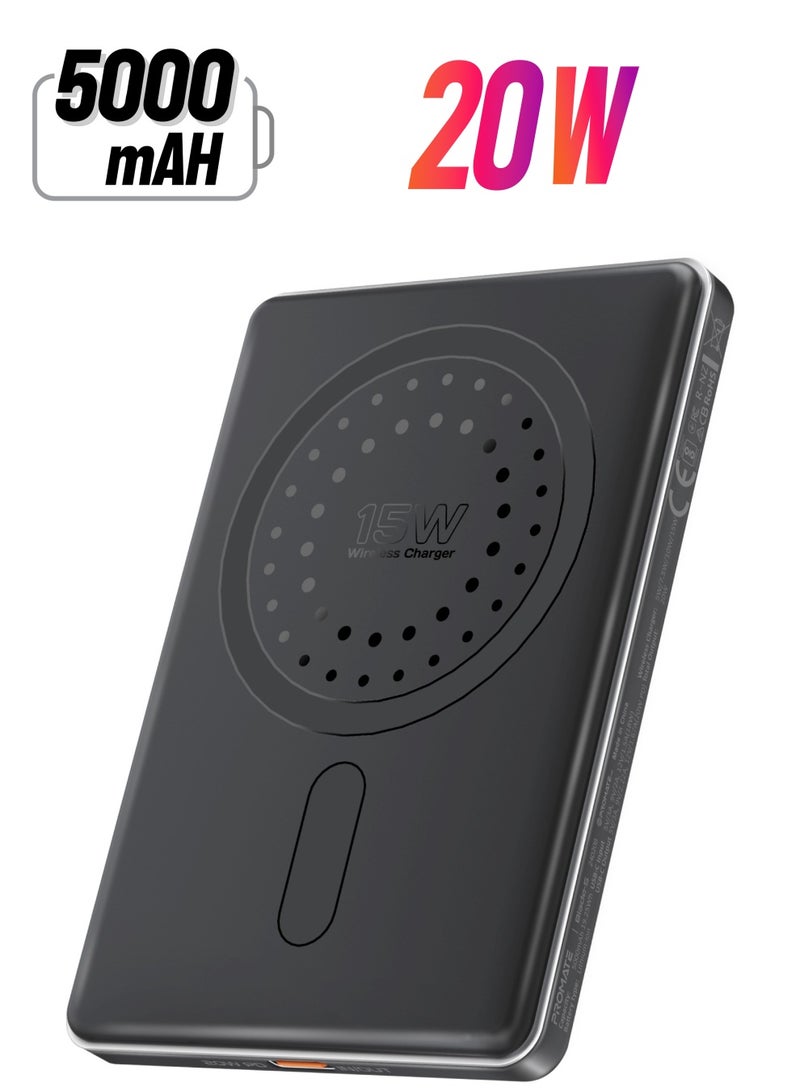 PROMATE - 5000 mAh Super Slim Power Bank With 15W MagSafe Charging, 20W USB-C Port, And Safety Protection System, USB-C Input/Output Port Black - Image 1
