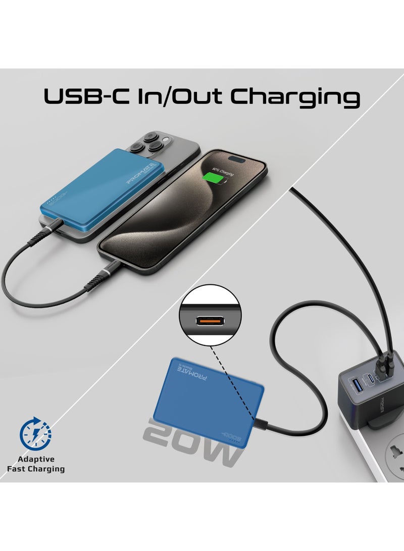 PROMATE - 5000 mAh Super Slim Power Bank With 15W MagSafe Charging, 20W USB-C Port, And Safety Protection System, USB-C Input/Output Port Blue - Image 1