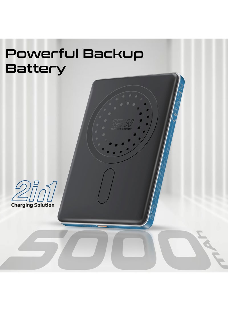 PROMATE - 5000 mAh Super Slim Power Bank With 15W MagSafe Charging, 20W USB-C Port, And Safety Protection System, USB-C Input/Output Port Blue - Image 1
