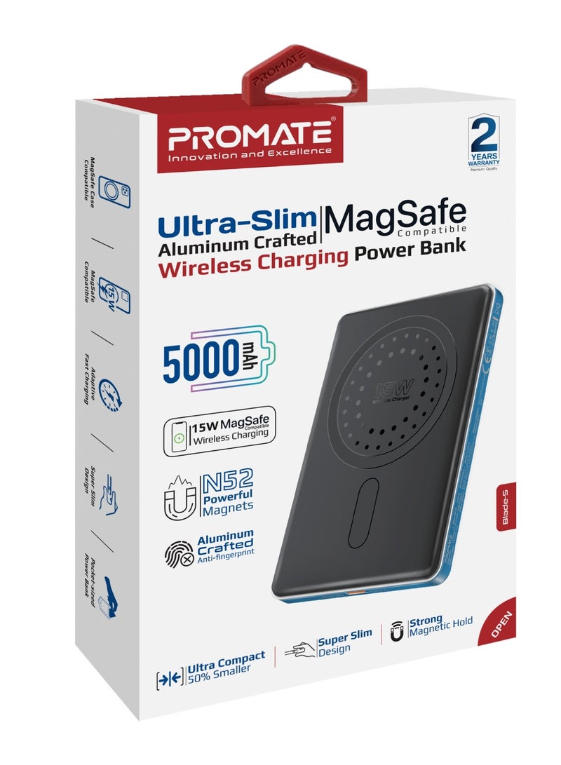 PROMATE - 5000 mAh Super Slim Power Bank With 15W MagSafe Charging, 20W USB-C Port, And Safety Protection System, USB-C Input/Output Port Blue - Image 1