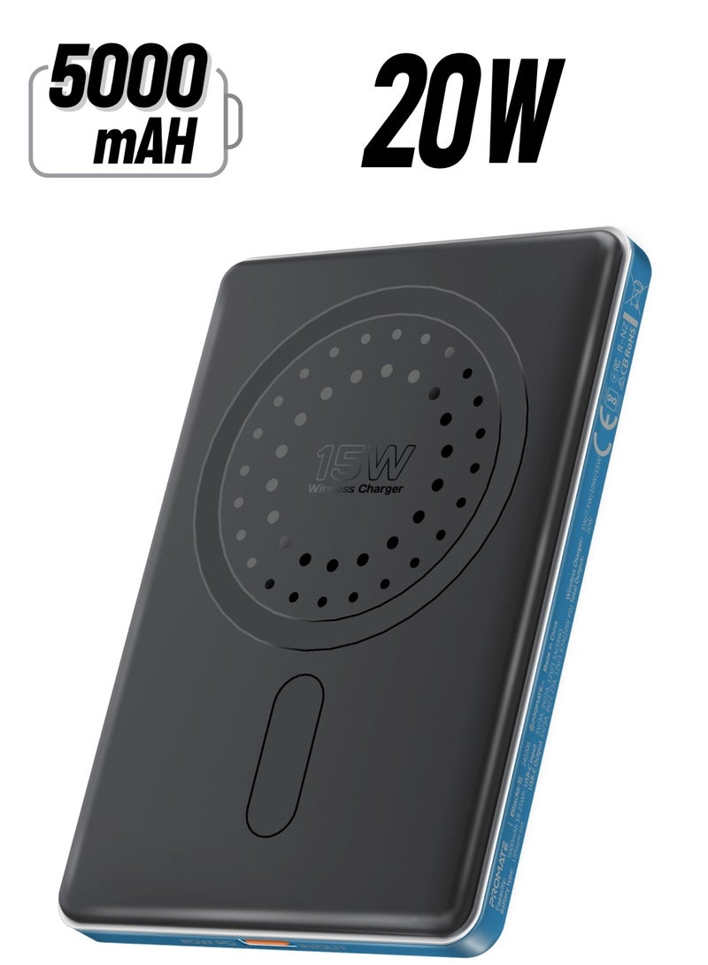 PROMATE - 5000 mAh Super Slim Power Bank With 15W MagSafe Charging, 20W USB-C Port, And Safety Protection System, USB-C Input/Output Port Blue - Image 1