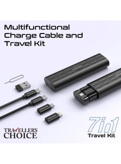 7-in-1 Travel Kit with 60W USB-C Charging Cable, USB-C to Lightning, USB-A and Micro-USB Adapter, Micro and Nano SIM Card Slots, TF Card and SIM Eject Pin in Mini Design Black