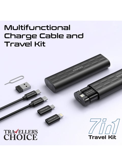 مجموعة سفر 7 في 1 مع كابل شحن USB-C بقوة 60 وات، ومحول USB-C إلى Lightning، ومحول USB-A وMicro-USB، وفتحات بطاقات SIM صغيرة وصغيرة، وبطاقة TF ودبوس إخراج SIM بتصميم صغير