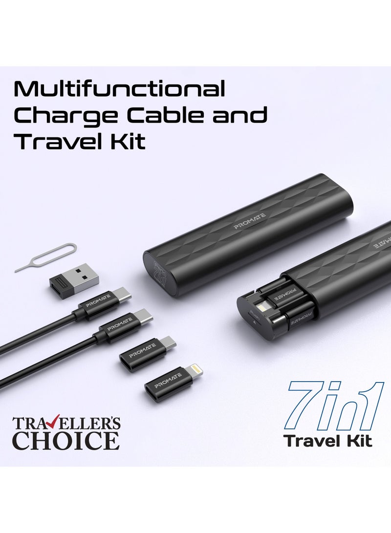 PROMATE - 7-in-1 Travel Kit with 60W USB-C Charging Cable, USB-C to Lightning, USB-A and Micro-USB Adapter, Micro and Nano SIM Card Slots, TF Card and SIM Eject Pin in Mini Design Black - Image 1