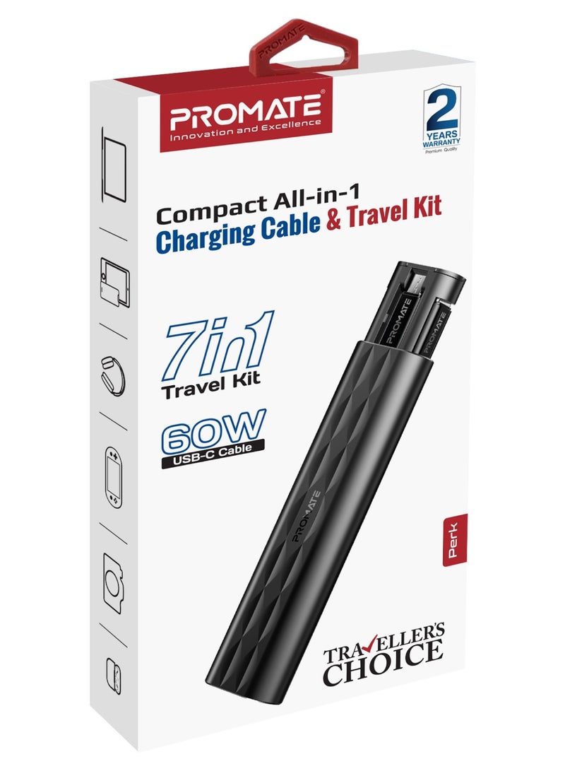 PROMATE - 7-in-1 Travel Kit with 60W USB-C Charging Cable, USB-C to Lightning, USB-A and Micro-USB Adapter, Micro and Nano SIM Card Slots, TF Card and SIM Eject Pin in Mini Design Black - Image 1