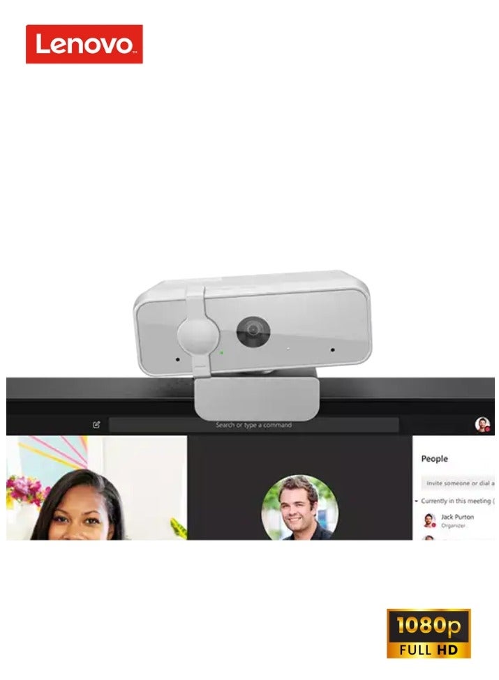 Lenovo - 300 FHD Webcam with Full Stereo Dual Built-in mics | FHD 1080P 2.1 Megapixel CMOS Camera |Ultra-Wide 95° Lens, 4X Digital Zoom | 360 Rotation | Flexible Mount Cloud Grey - Image 1