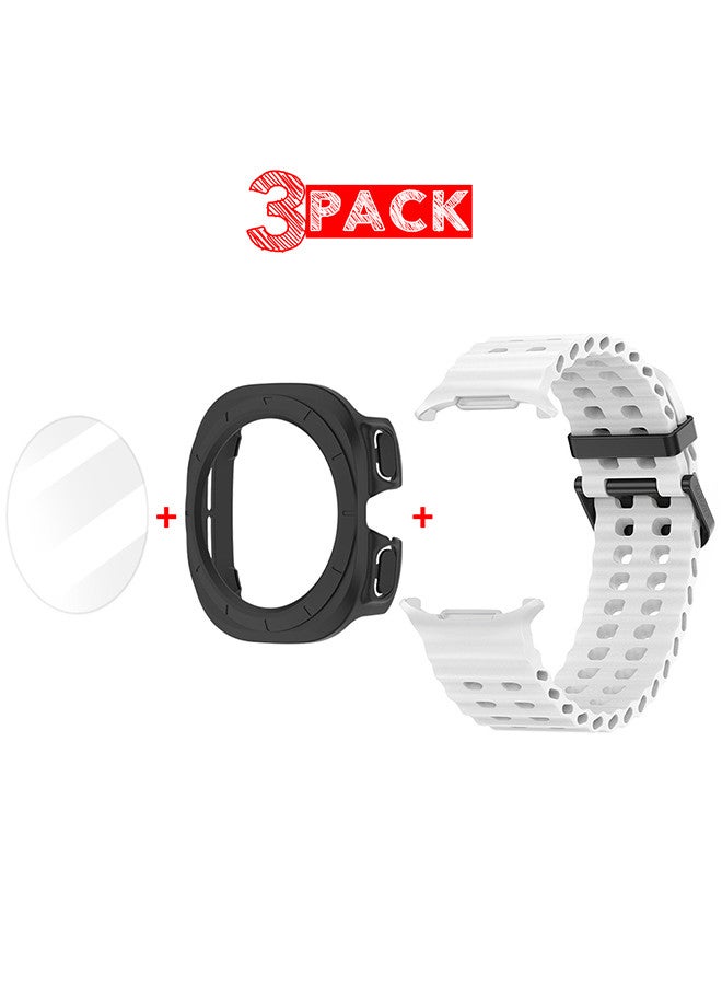 MARGOUN (for Samsung Galaxy Watch 7 Ultra) 3 Packs Silicone Band, Case and Screen Protector, Soft Ocean Silicone Sport Strap Replacement Accessory White  - Image 1