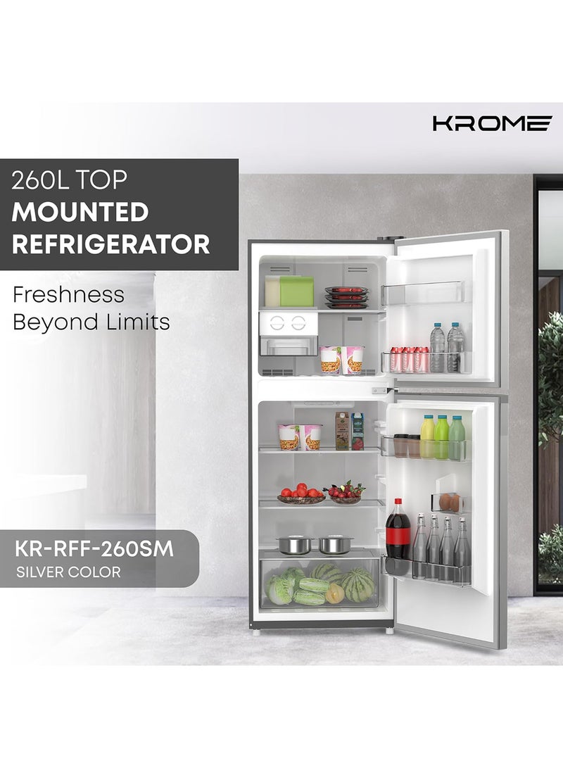 كروم 260L Gross,Double Door Top Mounted Refrigerator with Multi Air Flow System,No-Frost Cooling with Electronic Touch Temperature Control,Door Alarm, 10 Year Compressor Warranty KR RFF 260SM Silver  - Image 2