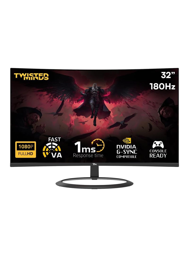 تويستيد مايندز - شاشة الألعاب المنحنية TM32CFHD180VA من سلسلة Eclipse بحجم 32 بوصة دقة 1920x1080 بكسل (FHD) لوحة VA بمعدل تحديث 165/180 هرتز زمن استجابة 1 مللي ثانية (MPRT) تحتوي على منفذ HDMI 2.1 مع سماعات مدمجة شاشة قيمنق - Image 1