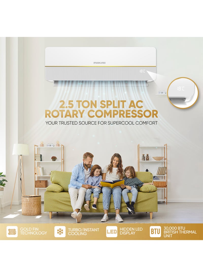 2.5 Ton Split AC, Energy Efficient Cooling with T3 Tropical Rotary Compressor, Turbo Mode with 4 Way Swing, 30000 BTU Air Conditioner, Gold Fin Technology, Ideal for Home & Office - NSAC30131N24 White