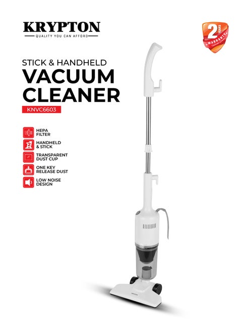 2-in-1 Stick & Handheld Vacuum Cleaner, 600W Powerful Motor, HEPA Filter, Transparent Dust Cup, One-Key Dust Release, Low Noise, Lightweight 600 W KNVC6603 White