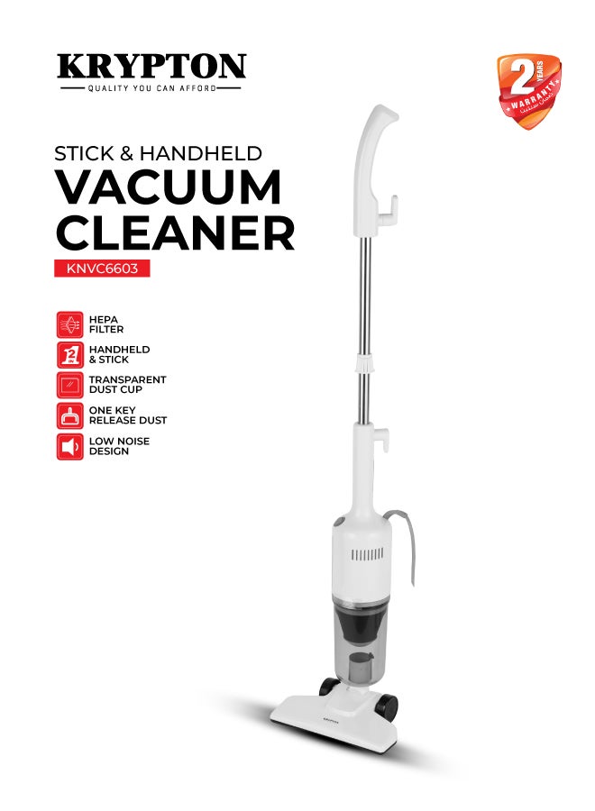 KRYPTON 2-in-1 Stick & Handheld Vacuum Cleaner, 600W Powerful Motor, HEPA Filter, Transparent Dust Cup, One-Key Dust Release, Low Noise, Lightweight 600 W KNVC6603 White - Image 1