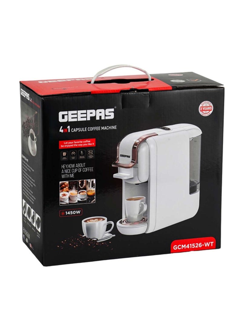 GEEPAS - 4-In-1 Capsule Coffee Machine With Fast Heating System, One-Touch Button/Removable 0.6L Water Tank/Compatible With Nespresso, Dolce Gusto, Ground Coffee & Caffitaly ,Mini Size Fits Anywhere 600 ml 1450 W GCM41526-WT White/Rose Gold - Image 1