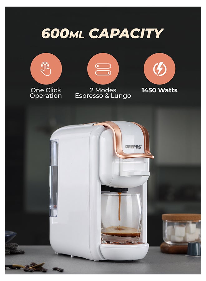 GEEPAS 4-in-1 Capsule Coffee Machine | Compatible with all Brand Capsules | Fast Heating System, One-Touch Button Operation| 20 bar  pump, Removable 0.6L Water Tank , Mini Size Fits Anywhere | 2 Years Warranty 600 ml 1450 W GCM41526-WT White/Rose Gold - Image 1