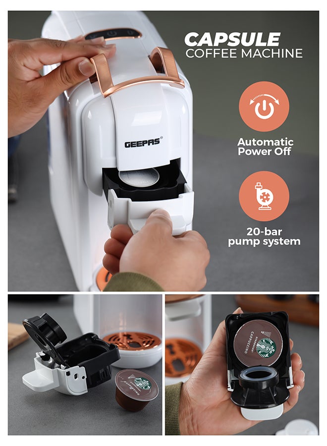 GEEPAS 4-in-1 Capsule Coffee Machine | Compatible with all Brand Capsules | Fast Heating System, One-Touch Button Operation| 20 bar  pump, Removable 0.6L Water Tank , Mini Size Fits Anywhere | 2 Years Warranty 600 ml 1450 W GCM41526-WT White/Rose Gold - Image 3