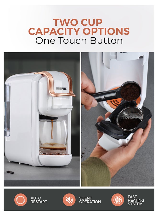 GEEPAS 4-in-1 Capsule Coffee Machine | Compatible with all Brand Capsules | Fast Heating System, One-Touch Button Operation| 20 bar  pump, Removable 0.6L Water Tank , Mini Size Fits Anywhere | 2 Years Warranty 600 ml 1450 W GCM41526-WT White/Rose Gold - Image 4