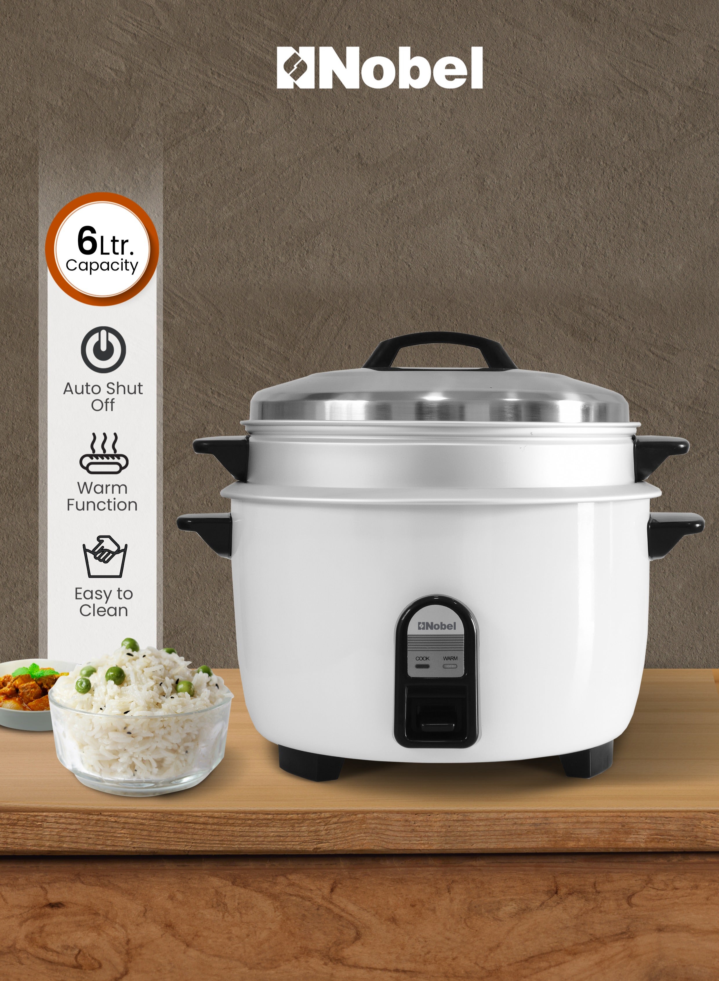 6.0L Stainless Steel Rice Cooker & Steamer With Auto Shut-Off, Keep Warm Function, Dual Grip Handle, Aluminum Inner Pot, And 1900W Power Input NRC600 White 