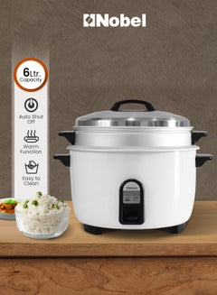نوبل 6.0L Stainless Steel Rice Cooker & Steamer With Auto Shut-Off, Keep Warm Function, Dual Grip Handle, Aluminum Inner Pot, And 1900W Power Input NRC600 White  - Image 1