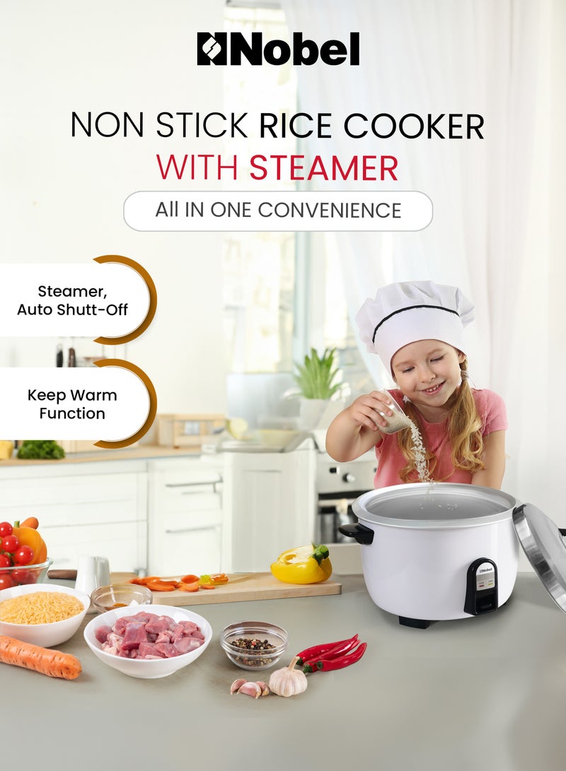 Nobel 6.0L Stainless Steel Rice Cooker & Steamer With Auto Shut-Off, Keep Warm Function, Dual Grip Handle, Aluminum Inner Pot, And 1900W Power Input NRC600 White  - Image 2