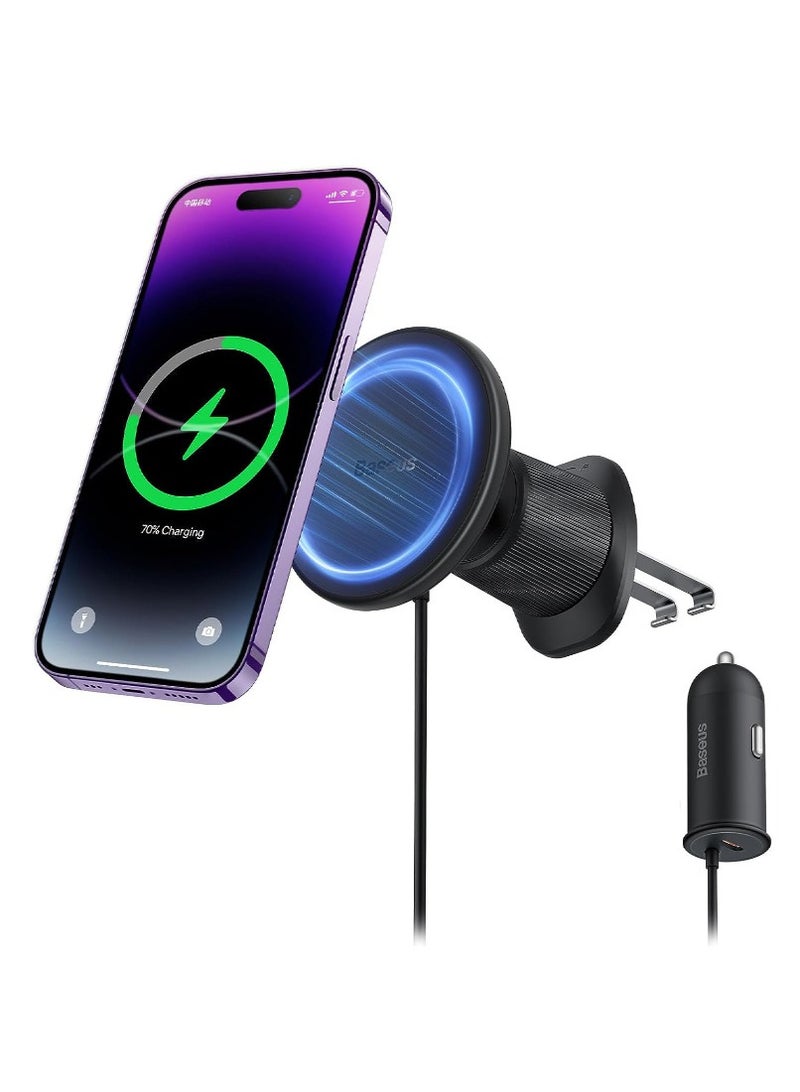 Baseus MagSafe Car Charger 40W Magnetic Wireless ,15W Fast Charging Phone Holder for Car Air Vent With 25W Max USB A Car Charger, Compatible with Apple Magsafe Series iPhone 15/14/13/12 and Official Magsafe Case Black  - Image 1