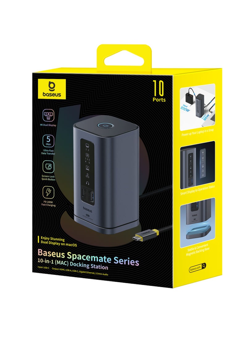 بيسوس - 10-in-1 USB-C Docking Station for MacBook, Dual HDMI 4K@60Hz/30Hz, 2 USB-A 5Gbps, USB-C 5Gbps, 100W PD, RJ45 Gigabit Ethernet, 2 USB-A 480Mbps, PD USB-C Charging, 3.5mm Audio Jack – Ultimate Multiport Hub for MacBook Pro/Air, iMac and More Space Grey - Image 1