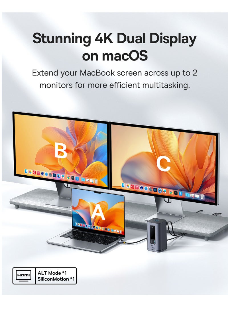 بيسوس 10-in-1 USB-C Docking Station for MacBook, Dual HDMI 4K@60Hz/30Hz, 2 USB-A 5Gbps, USB-C 5Gbps, 100W PD, RJ45 Gigabit Ethernet, 2 USB-A 480Mbps, PD USB-C Charging, 3.5mm Audio Jack – Ultimate Multiport Hub for MacBook Pro/Air, iMac and More Space Grey  - Image 5