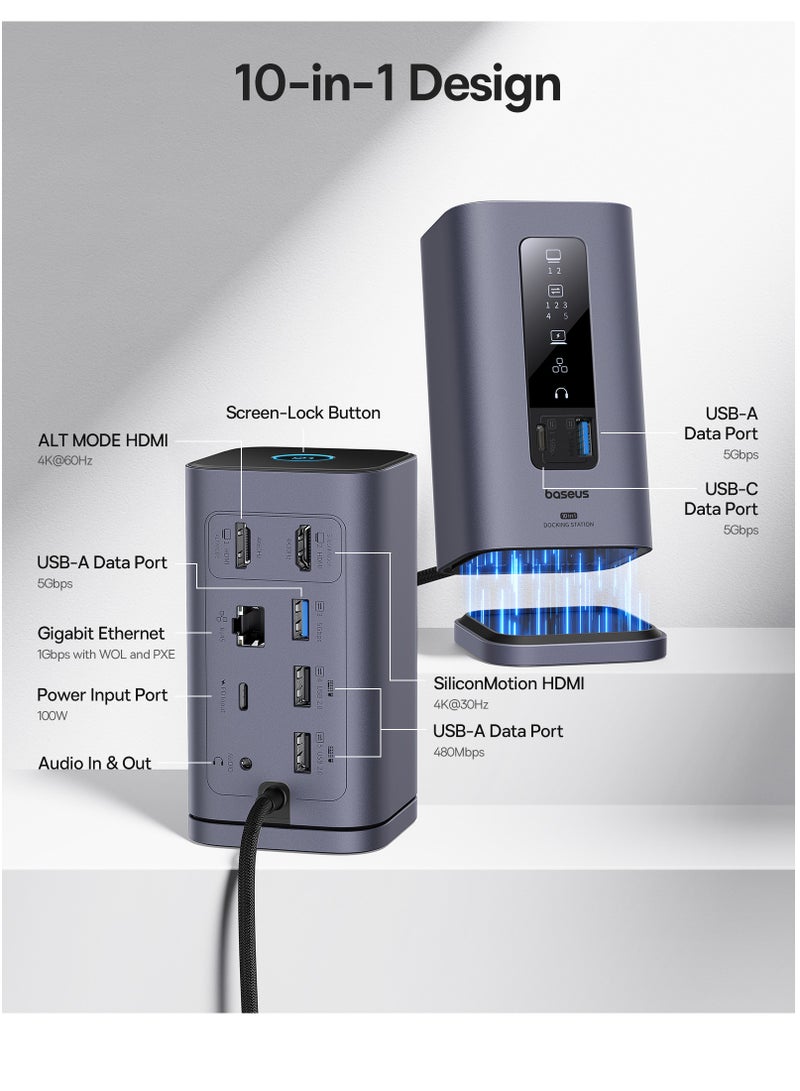 بيسوس 10-in-1 USB-C Docking Station for MacBook, Dual HDMI 4K@60Hz/30Hz, 2 USB-A 5Gbps, USB-C 5Gbps, 100W PD, RJ45 Gigabit Ethernet, 2 USB-A 480Mbps, PD USB-C Charging, 3.5mm Audio Jack – Ultimate Multiport Hub for MacBook Pro/Air, iMac and More Space Grey  - Image 2