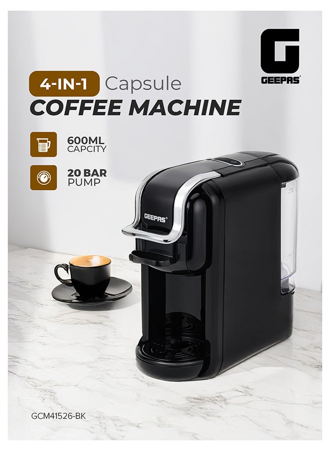 GEEPAS 4-in-1 Capsule Coffee Machine | Compatible with all Brand Capsules|  Fast Heating System, One-Touch Button Operation| 20 bar pump, Removable 0.6L Water Tank , Mini Size Fits Anywhere | 2 Years Warranty 600 ml 1450 W GCM41526-BK Black - Image 1