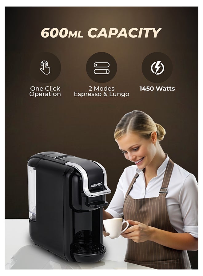 GEEPAS 4-in-1 Capsule Coffee Machine | Compatible with all Brand Capsules|  Fast Heating System, One-Touch Button Operation| 20 bar pump, Removable 0.6L Water Tank , Mini Size Fits Anywhere | 2 Years Warranty 600 ml 1450 W GCM41526-BK Black - Image 2