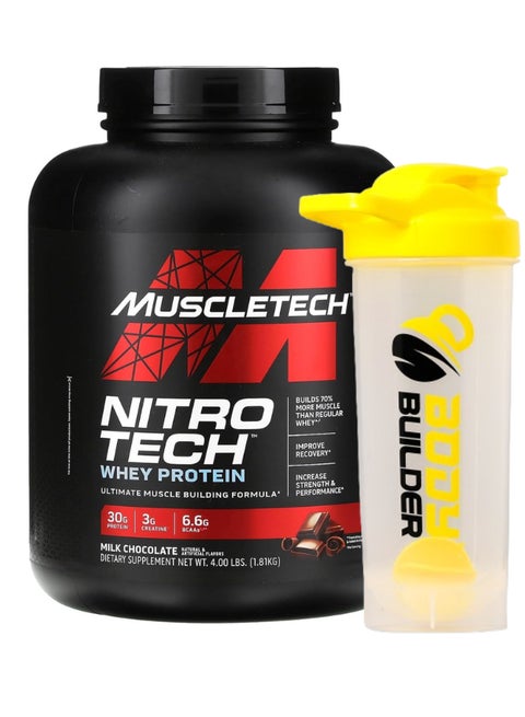 Nitro Tech Whey Protein with Milk Chocolate 4LB Body Builder Shaker Shaker