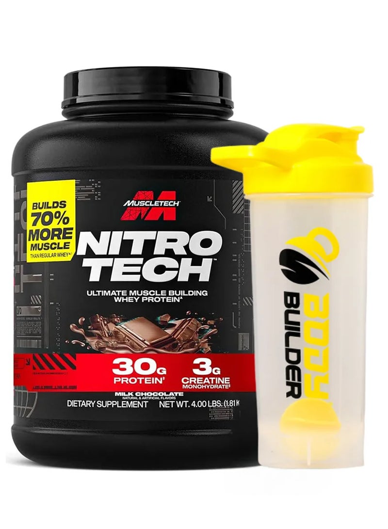 MuscleTech Nitro Tech Whey Protein with Milk Chocolate 4LB Body Builder + Shaker - Image 1