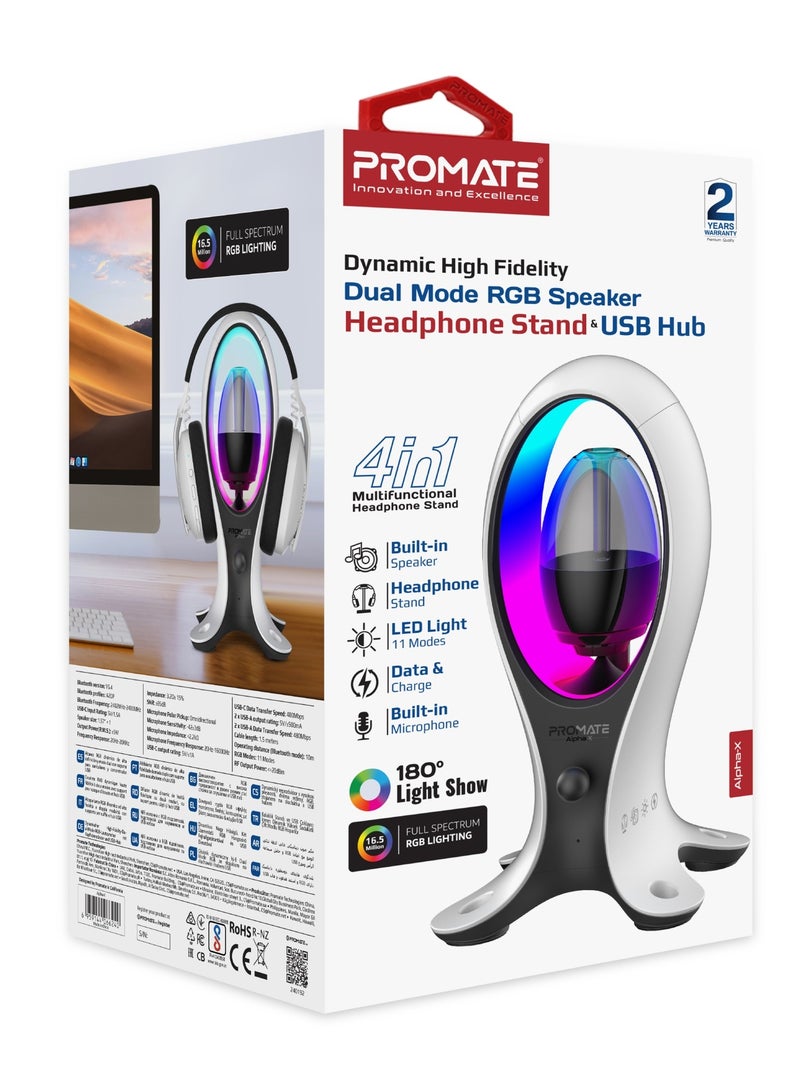 PROMATE - Promate Portable Bluetooth Speaker, High-Definition Wireless Speaker and Headphone Stand with USB-C and Dual USB-A Hub, Colorful RGB Lighting White - Image 1