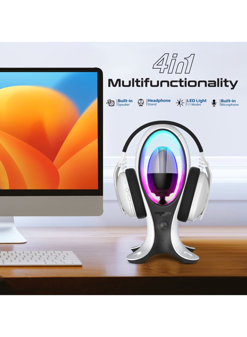 PROMATE - Promate Portable Bluetooth Speaker, High-Definition Wireless Speaker and Headphone Stand with USB-C and Dual USB-A Hub, Colorful RGB Lighting White - Image 1