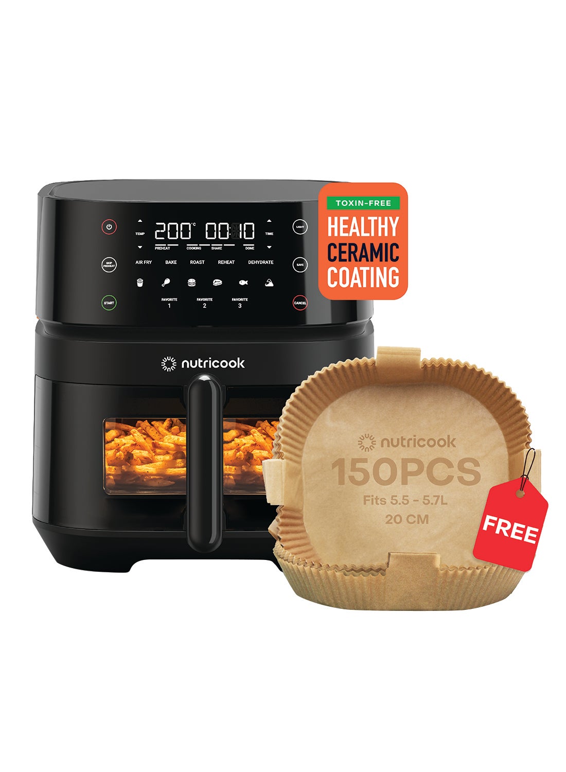 نيوتري كوك Vision With Clear Window And Internal Light, 5.7L, Toxin Free Ceramic Coating, Air Fry, Roast, Bake, Dehydrate & Reheat, 6 Presets 5.7 L 1700 W Air Fryer 3 Black 