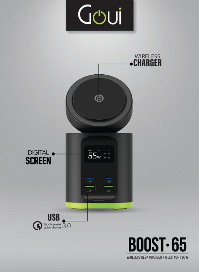 Goui Boost 65 Wireless Desk Charger + Multi-Port 65W: Qualcomm Quick Charge 3.0, Power Delivery PD, Qi Wireless Charging, 65W Super Fast Output, 4 Ports, Digital Screen - Ultimate All-in-One Charging Solution For Smartphones, Tablets, Laptops, and More - Black  - Image 2