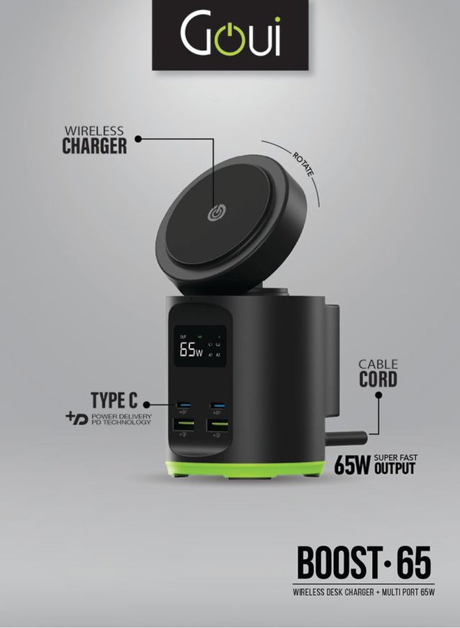 Goui Boost 65 Wireless Desk Charger + Multi-Port 65W: Qualcomm Quick Charge 3.0, Power Delivery PD, Qi Wireless Charging, 65W Super Fast Output, 4 Ports, Digital Screen - Ultimate All-in-One Charging Solution For Smartphones, Tablets, Laptops, and More - Black  - Image 3