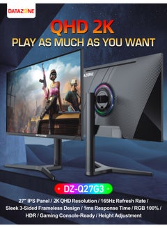 Datazone 27 inch, 2K QHD (2560 x 1440), 165HZ, IPS Gaming Monitor, 1MS GTG Response Time, HDR, Console Compatible (PS5-XBOX),RGB Backlight, Height And Tilt Adjustment, With Built-in Speakers Black  - Image 4